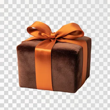 a plush gift box, isolated on a white background. The color scheme is brown and orange, with a plush texture. The view is from the front, against a solid color background. High-resolution photography.
