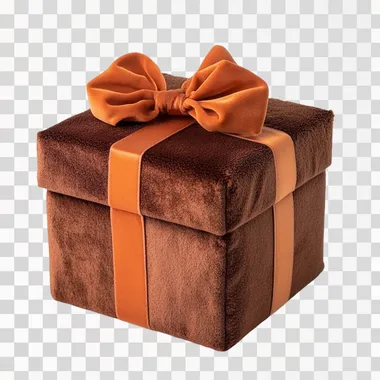 a plush gift box, isolated on a white background. The color scheme is brown and orange, with a plush texture. The view is from the front, against a solid color background. High-resolution photography.