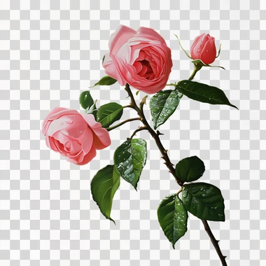 There is an artistic and simple flower arrangement consisting of three pink roses on a branch, wrapped in green leaves. The flowers were just opening and the dew was hanging on them. --s 50