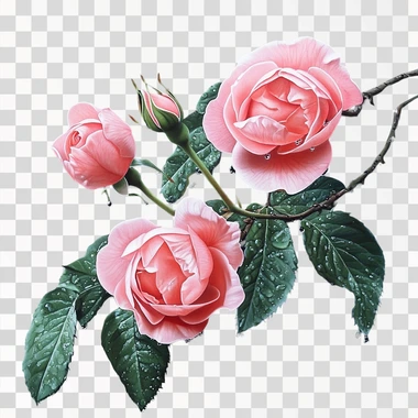 There is an artistic and simple flower arrangement consisting of three pink roses on a branch, wrapped in green leaves. The flowers were just opening and the dew was hanging on them. --s 50