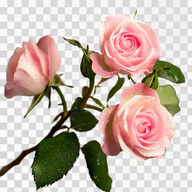 There is an artistic and simple flower arrangement consisting of three pink roses on a branch, wrapped in green leaves. The flowers were just opening and the dew was hanging on them. --s 50
