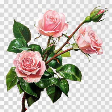 There is an artistic and simple flower arrangement consisting of three pink roses on a branch, wrapped in green leaves. The flowers were just opening and the dew was hanging on them. --s 50