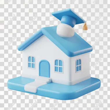 High-quality, high-resolution 3D icon, 3D graphic design, 3D school icon with clean and minimal design. 3D school graphic in white and blue tones, white background, natural lighting.