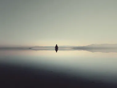 surreal minimal landscape with floating person in seated meditation position and faint horizon, neutral background, soft shadows, dreamlike stillness, introspective symbolism, designed for meditative poster  rofile nprqg4q