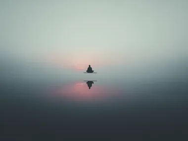 surreal minimal landscape with floating person in seated meditation position and faint horizon, neutral background, soft shadows, dreamlike stillness, introspective symbolism, designed for meditative poster  rofile nprqg4q