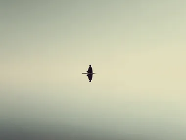surreal minimal landscape with floating person in seated meditation position and faint horizon, neutral background, soft shadows, dreamlike stillness, introspective symbolism, designed for meditative poster  rofile nprqg4q