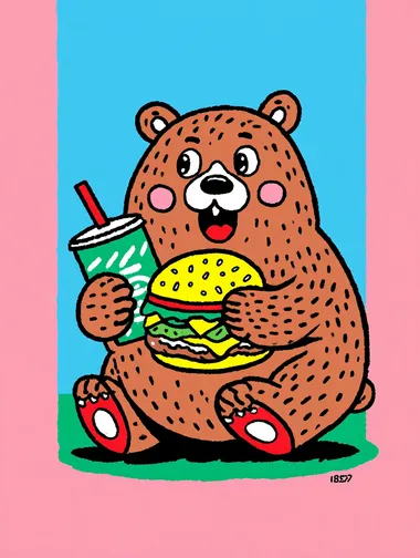 Cute cartoon bear character sitting or standing, happily holding a big hamburger in one paw and a drink (like a soda cup with a straw) in the other. The bear has a round, friendly face, chubby cheeks, and a joyful expression. Flat vector illustration style with clean lines, soft colors, and bold outlines. Designed for a sticker features a white border around the character, isolated on a plain white background.   --exp 80  7166002 rofile 29poq4o