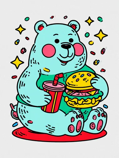 Cute cartoon bear character sitting or standing, happily holding a big hamburger in one paw and a drink (like a soda cup with a straw) in the other. The bear has a round, friendly face, chubby cheeks, and a joyful expression. Flat vector illustration style with clean lines, soft colors, and bold outlines. Designed for a sticker features a white border around the character, isolated on a plain white background.   --exp 80  7166002 rofile 29poq4o