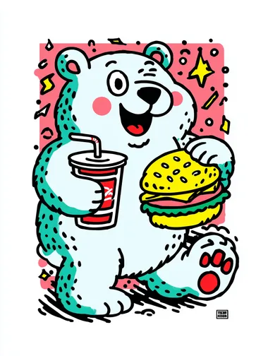 Cute cartoon bear character sitting or standing, happily holding a big hamburger in one paw and a drink (like a soda cup with a straw) in the other. The bear has a round, friendly face, chubby cheeks, and a joyful expression. Flat vector illustration style with clean lines, soft colors, and bold outlines. Designed for a sticker features a white border around the character, isolated on a plain white background.   --exp 80  7166002 rofile 29poq4o
