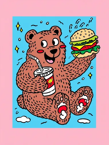 Cute cartoon bear character sitting or standing, happily holding a big hamburger in one paw and a drink (like a soda cup with a straw) in the other. The bear has a round, friendly face, chubby cheeks, and a joyful expression. Flat vector illustration style with clean lines, soft colors, and bold outlines. Designed for a sticker features a white border around the character, isolated on a plain white background.   --exp 80  7166002 rofile 29poq4o