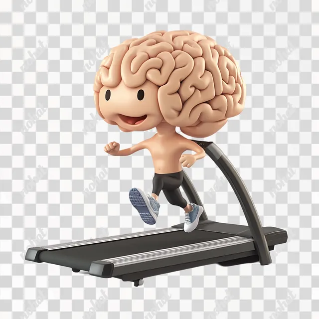 PNG Cartoon brain character exercising on treadmill in home gym setting