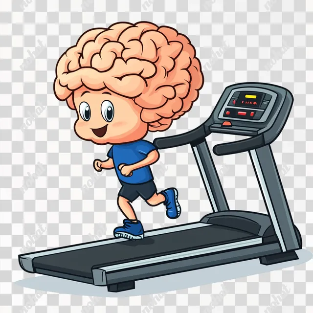 PNG Cartoon brain character exercising on a treadmill in fitness setting