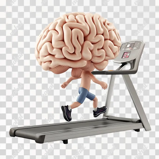 PNG Cartoon brain character exercising on a treadmill in a gym setting