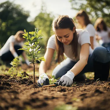 3. A group of volunteers planting trees in a local park, with gardening tools and young plants around. Daylight, bright light, viewed from afar. Positive emotions. Realistic photo with copy space. Minimalism.
