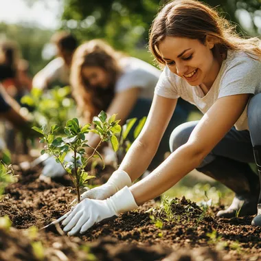 3. A group of volunteers planting trees in a local park, with gardening tools and young plants around. Daylight, bright light, viewed from afar. Positive emotions. Realistic photo with copy space. Minimalism.