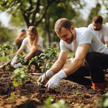 3. A group of volunteers planting trees in a local park, with gardening tools and young plants around. Daylight, bright light, viewed from afar. Positive emotions. Realistic photo with copy space. Minimalism.