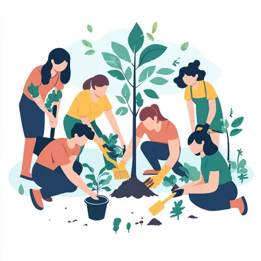 3. A group of volunteers planting trees in a local park, with gardening tools and young plants around. Daylight, bright light, viewed from afar. Positive emotions. Realistic photo with copy space. Minimalism.