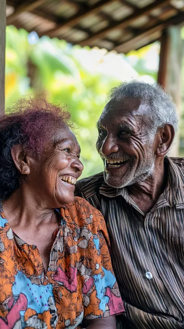 old papua new guinean couple man and woman laughing looking at each other on an outdoor patio of their home, they look content and satisfied, warm bright image.