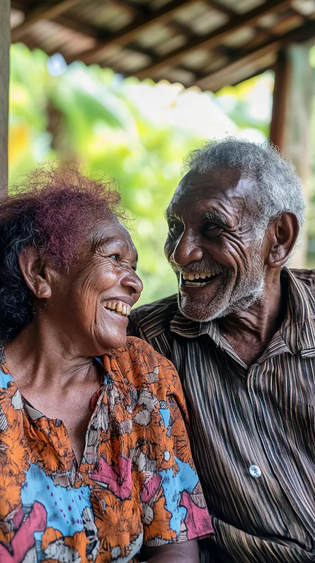 Old Papua New Guinean couple laughing together on outdoor patio