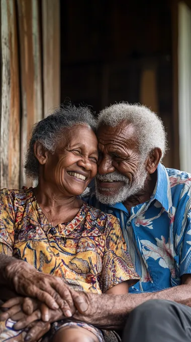 old papua new guinean couple man and woman laughing looking at each other on an outdoor patio of their home, they look content and satisfied, warm bright image.