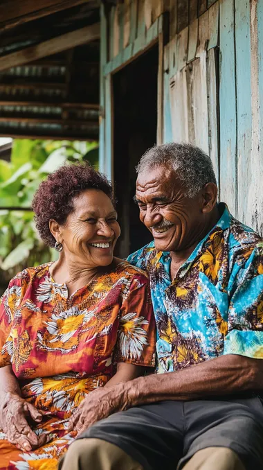 old papua new guinean couple man and woman laughing looking at each other on an outdoor patio of their home, they look content and satisfied, warm bright image.