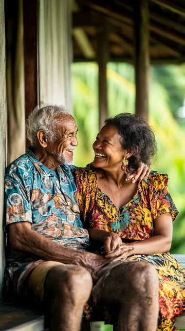 old papua new guinean couple man and woman laughing looking at each other on an outdoor patio of their home, they look content and satisfied, warm bright image.