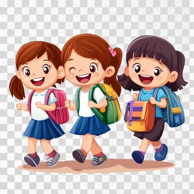 cartoon cute girl with her school bag and walking with her friends to school.talking and happily