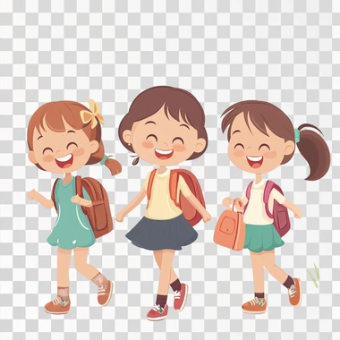 cartoon cute girl with her school bag and walking with her friends to school.talking and happily
