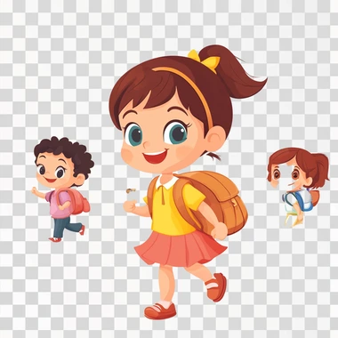 cartoon cute girl with her school bag and walking with her friends to school.talking and happily