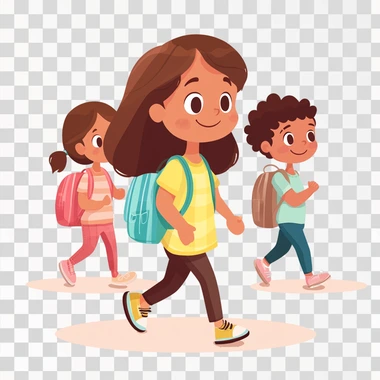 cartoon cute girl with her school bag and walking with her friends to school.talking and happily