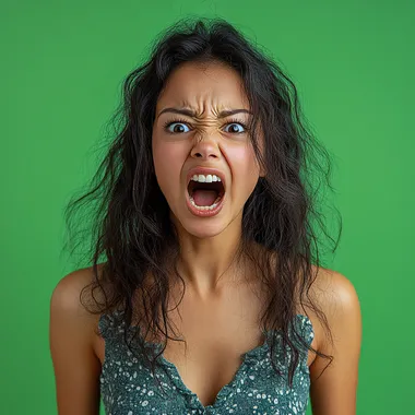 Latina woman with a very funny face, making a grimace, full body, green background  --s 250