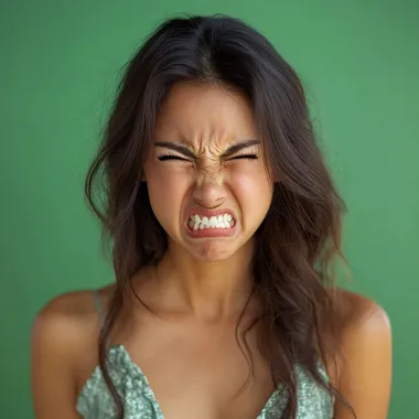 Latina woman with a very funny face, making a grimace, full body, green background  --s 250