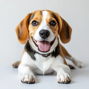 Beagle dog lying on white with happy and smiling expression, HD Photography, Reality, Long neck, tall and handsome