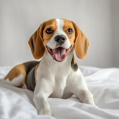 Beagle dog lying on white with happy and smiling expression, HD Photography, Reality, Long neck, tall and handsome