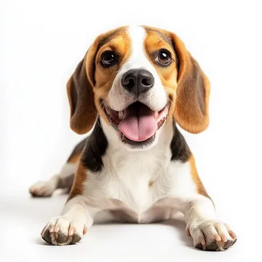 Beagle dog lying on white with happy and smiling expression, HD Photography, Reality, Long neck, tall and handsome