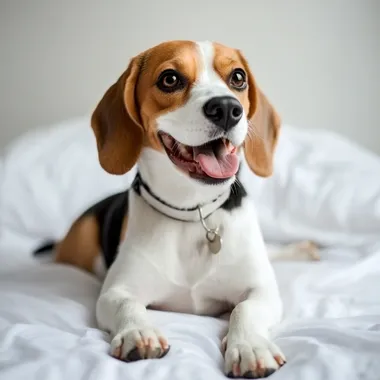 Beagle dog lying on white with happy and smiling expression, HD Photography, Reality, Long neck, tall and handsome
