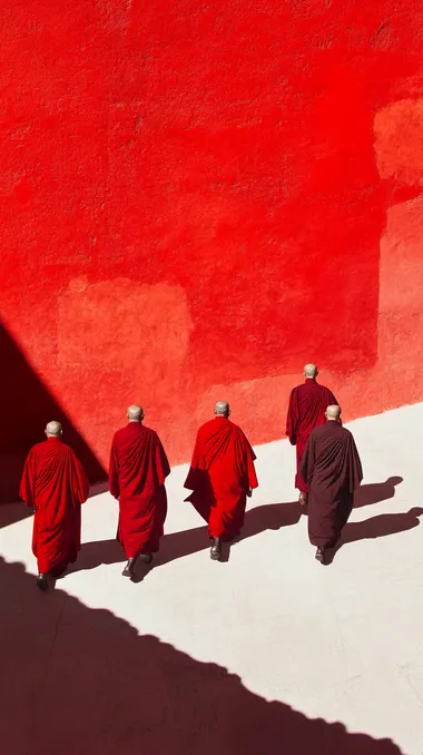 A procession of monks in the Potala Palace, minimalist photography, vibrant composition with red and white contrasts, surreal textures and landscapes inspired by Tim Walker's style, bold colors, and dramatic shadow contrasts. The scene highlights a red-dominant color palette, featuring smooth, painterly strokes that create a cinematic atmosphere of light and shadow. Hyper-realistic details, dreamlike surrealism, and a harmonious yet striking visual balance.