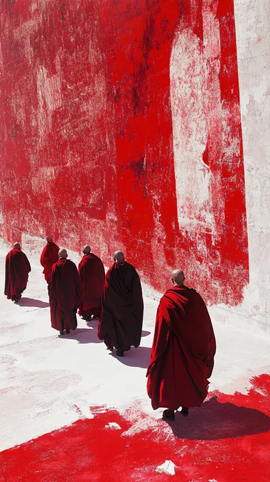 A procession of monks in the Potala Palace, minimalist photography, vibrant composition with red and white contrasts, surreal textures and landscapes inspired by Tim Walker's style, bold colors, and dramatic shadow contrasts. The scene highlights a red-dominant color palette, featuring smooth, painterly strokes that create a cinematic atmosphere of light and shadow. Hyper-realistic details, dreamlike surrealism, and a harmonious yet striking visual balance.