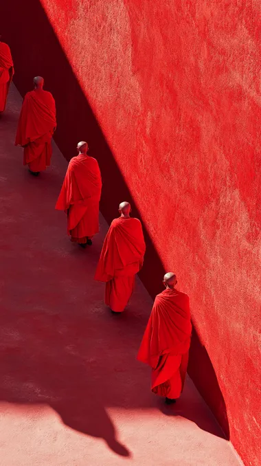 A procession of monks in the Potala Palace, minimalist photography, vibrant composition with red and white contrasts, surreal textures and landscapes inspired by Tim Walker's style, bold colors, and dramatic shadow contrasts. The scene highlights a red-dominant color palette, featuring smooth, painterly strokes that create a cinematic atmosphere of light and shadow. Hyper-realistic details, dreamlike surrealism, and a harmonious yet striking visual balance.