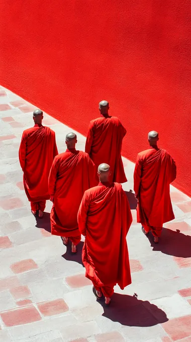 A procession of monks in the Potala Palace, minimalist photography, vibrant composition with red and white contrasts, surreal textures and landscapes inspired by Tim Walker's style, bold colors, and dramatic shadow contrasts. The scene highlights a red-dominant color palette, featuring smooth, painterly strokes that create a cinematic atmosphere of light and shadow. Hyper-realistic details, dreamlike surrealism, and a harmonious yet striking visual balance.