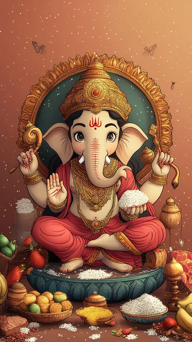 Create a line drawing of Hindu god, Goddess Lakshmi and Lord Ganesha sit together, a teenager, mixed with Indian art, Thai, bright, cute smile, red-orange skin, 1 head, 8 additional arms, holding rice, sugarcane, a club, a lasso, guava and other sweets, sitting in the middle of the image, zoom out. Background, bright universe, pastel pink tone