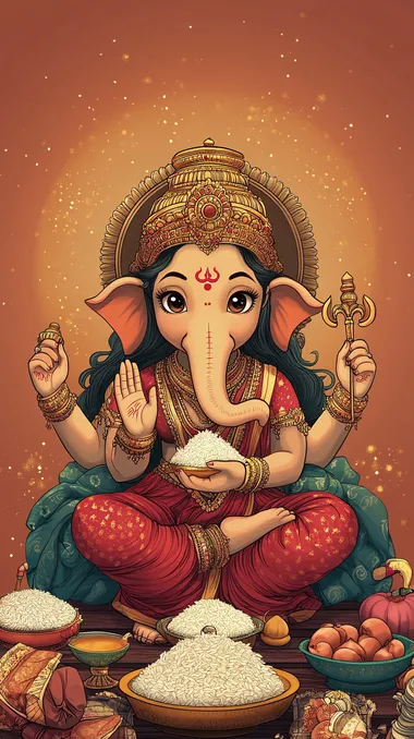 Create a line drawing of Hindu god, Goddess Lakshmi and Lord Ganesha sit together, a teenager, mixed with Indian art, Thai, bright, cute smile, red-orange skin, 1 head, 8 additional arms, holding rice, sugarcane, a club, a lasso, guava and other sweets, sitting in the middle of the image, zoom out. Background, bright universe, pastel pink tone