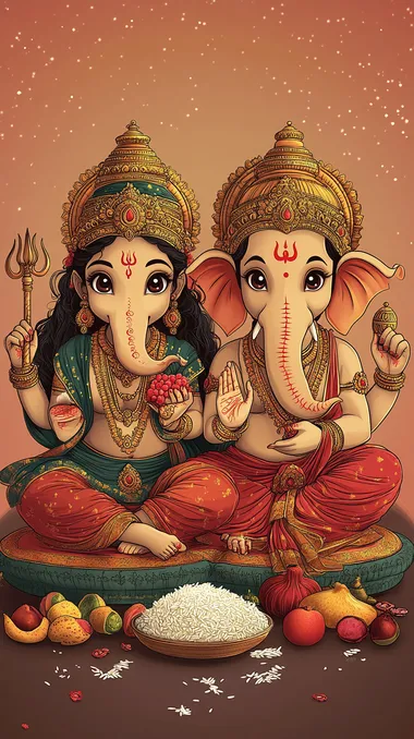Create a line drawing of Hindu god, Goddess Lakshmi and Lord Ganesha sit together, a teenager, mixed with Indian art, Thai, bright, cute smile, red-orange skin, 1 head, 8 additional arms, holding rice, sugarcane, a club, a lasso, guava and other sweets, sitting in the middle of the image, zoom out. Background, bright universe, pastel pink tone