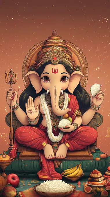 Create a line drawing of Hindu god, Goddess Lakshmi and Lord Ganesha sit together, a teenager, mixed with Indian art, Thai, bright, cute smile, red-orange skin, 1 head, 8 additional arms, holding rice, sugarcane, a club, a lasso, guava and other sweets, sitting in the middle of the image, zoom out. Background, bright universe, pastel pink tone
