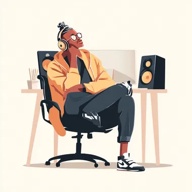 a a rich caucasian handsome music producer looking in awe at something, he's sitting on a computer chair in style of flat vector minimalistic illustration, 2d     --sw 20 --raw