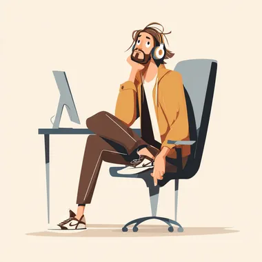 a a rich caucasian handsome music producer looking in awe at something, he's sitting on a computer chair in style of flat vector minimalistic illustration, 2d     --sw 20 --raw