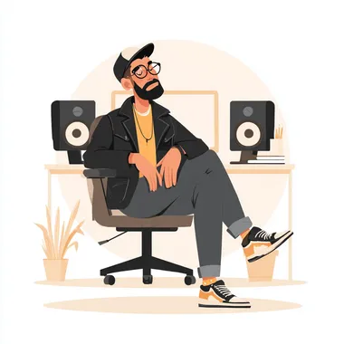 a a rich caucasian handsome music producer looking in awe at something, he's sitting on a computer chair in style of flat vector minimalistic illustration, 2d     --sw 20 --raw