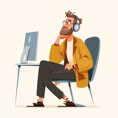 a a rich caucasian handsome music producer looking in awe at something, he's sitting on a computer chair in style of flat vector minimalistic illustration, 2d     --sw 20 --raw