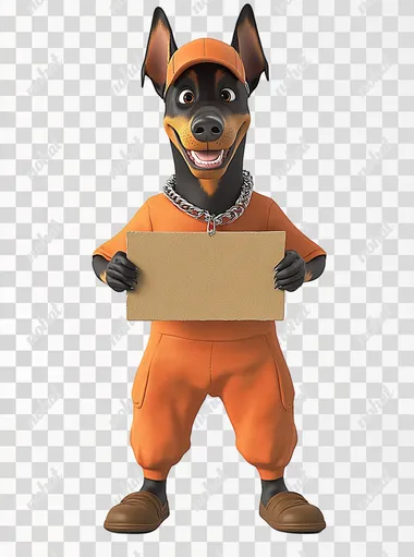 Doberman dog mascot, smiling, standing on two paws, holding sign, sign without inscription, wearing orange pajamas, orange cap on his head, silver chain around his neck , brown slippers, Pixar style, 3D style, on white background,