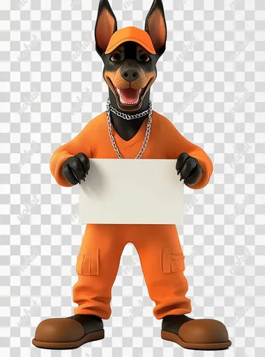 Doberman dog mascot, smiling, standing on two paws, holding sign, sign without inscription, wearing orange pajamas, orange cap on his head, silver chain around his neck , brown slippers, Pixar style, 3D style, on white background,